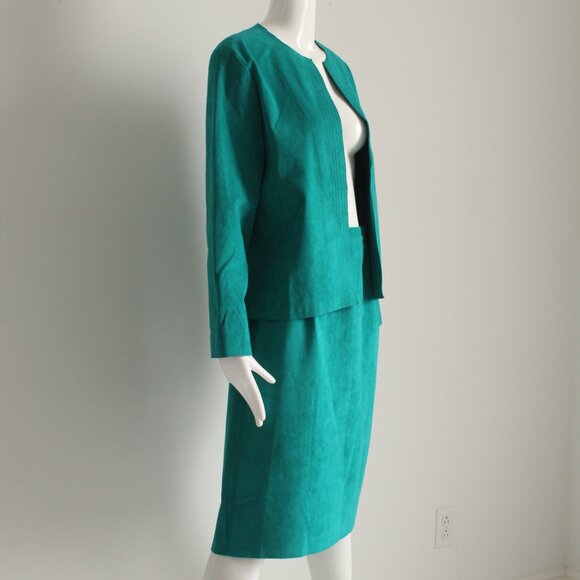 Horchow Suit Jacket and Skirt 2pc Set Teal Blue Ultrasuede Vintage 80s - Picture 3 of 7